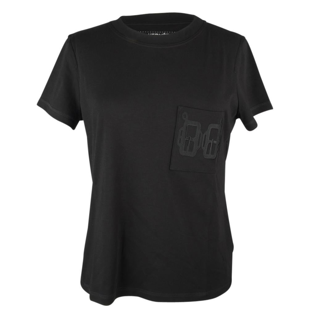 Noir Hermès - T-shirt noir brodé pour femme avec poche, taille 42, neuf avec étiquettes en vente