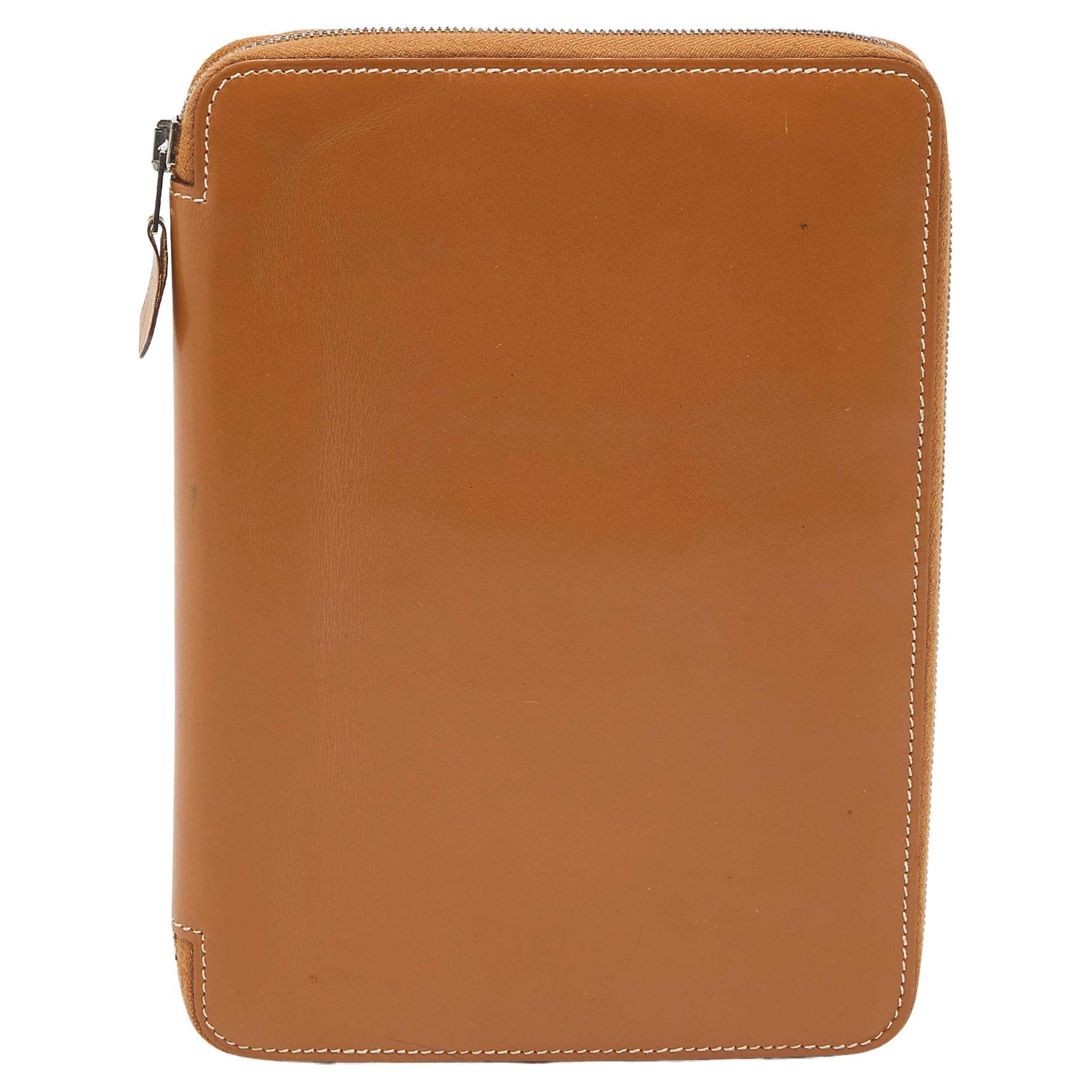 Hermés Tabac Camel Swift Leather Globe Trotter Zip Agenda Cover For Sale
