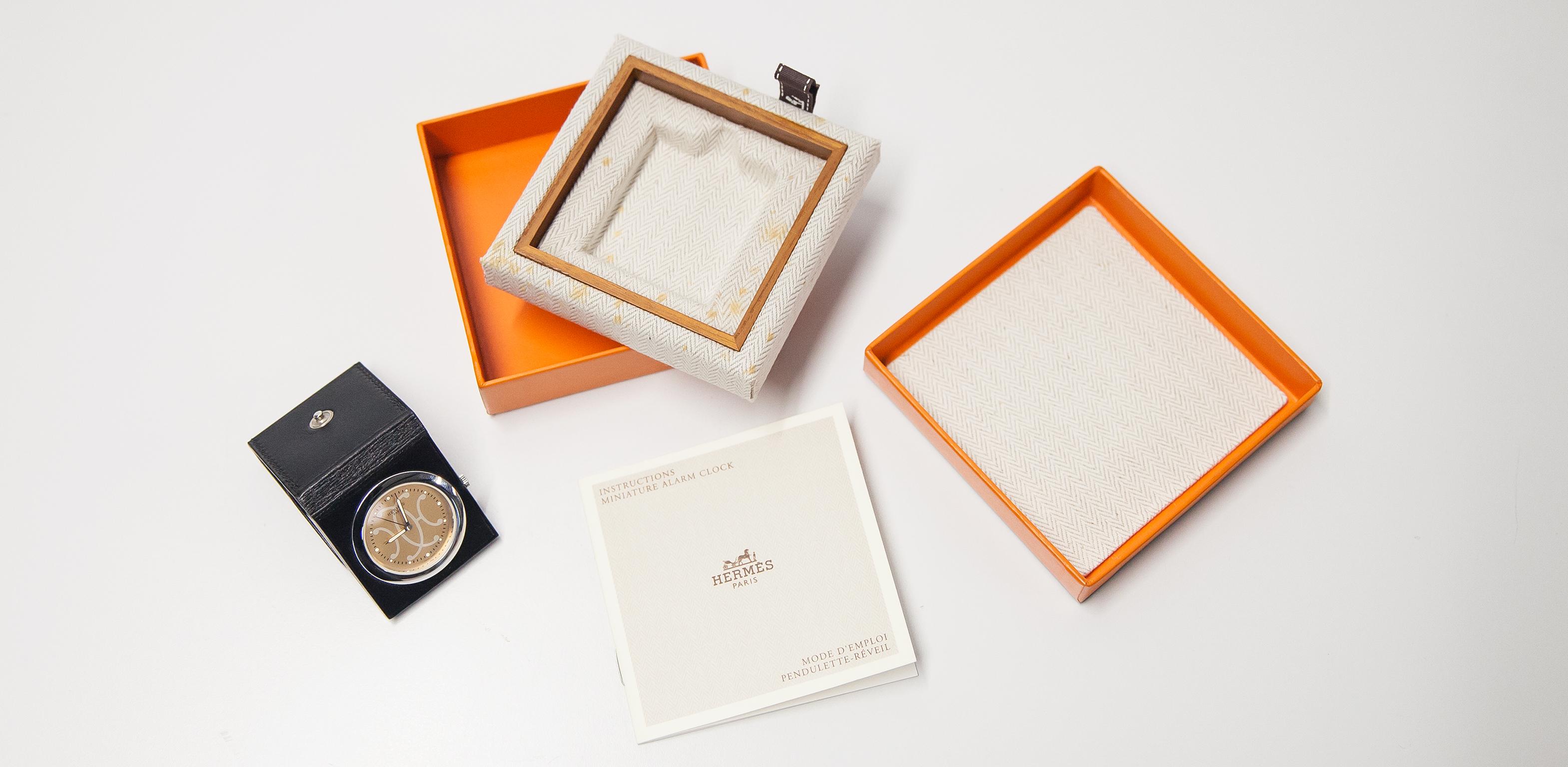 Hermès Table Steel Black Leather Alarm Clock 3