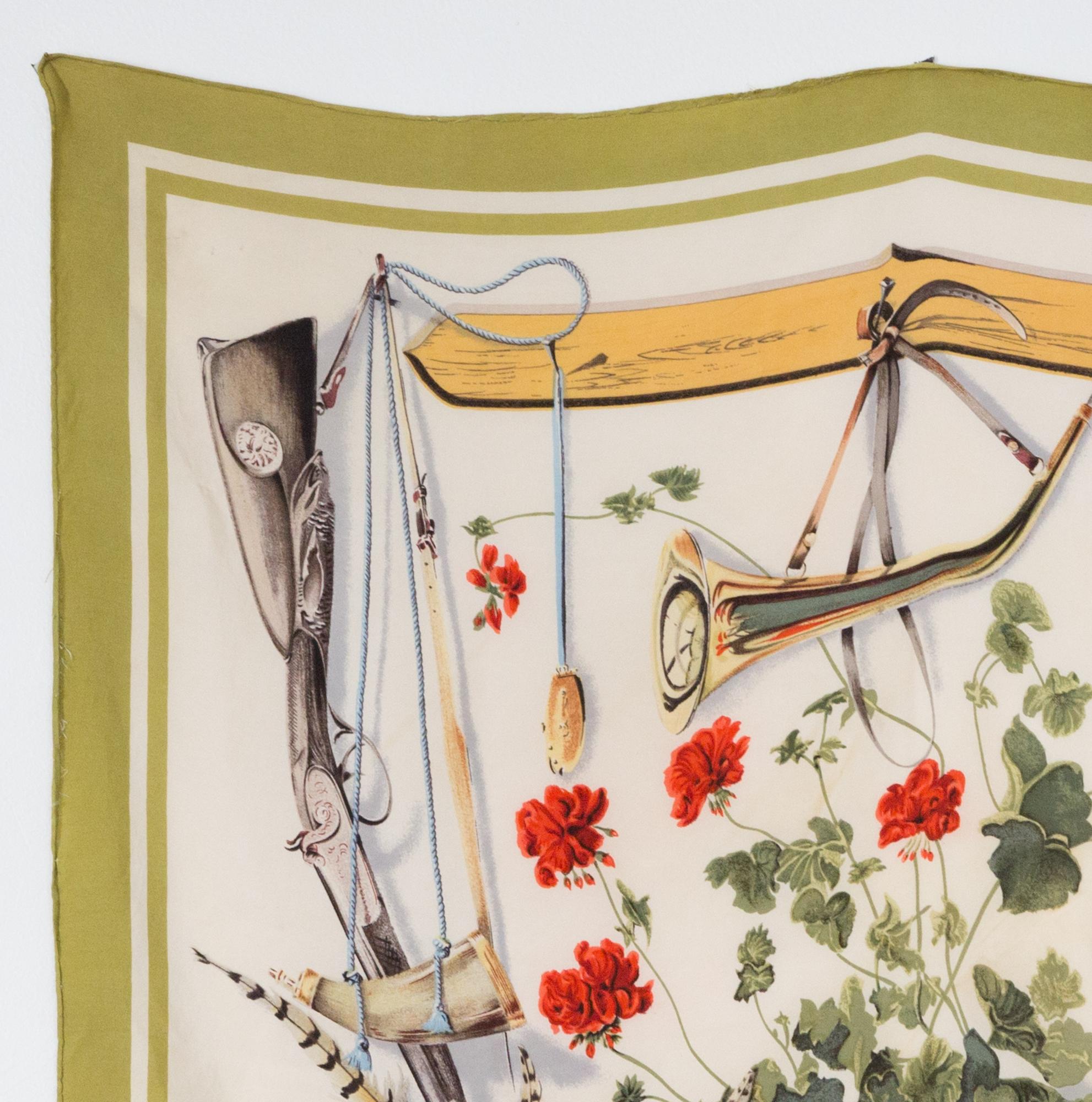 Hermes silk scarf Tableau de chasse by Henri de Linares featuring a green outline.
In good vintage condition. Made in France.
35,4in. (90cm)  X 35,4in. (90cm)
We guarantee you will receive this  iconic item as described and showed on photos.
(please