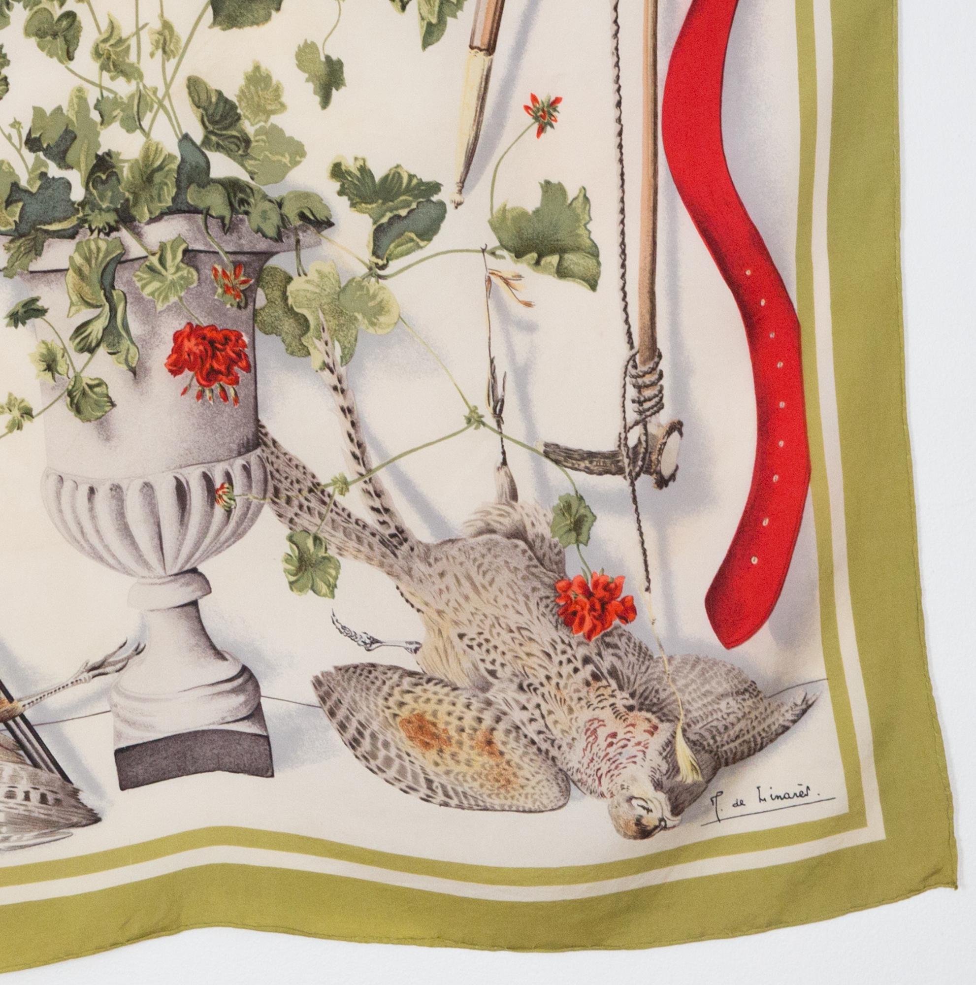 Beige Hermes Tableau de Chasse by Henri de Linares Silk Scarf