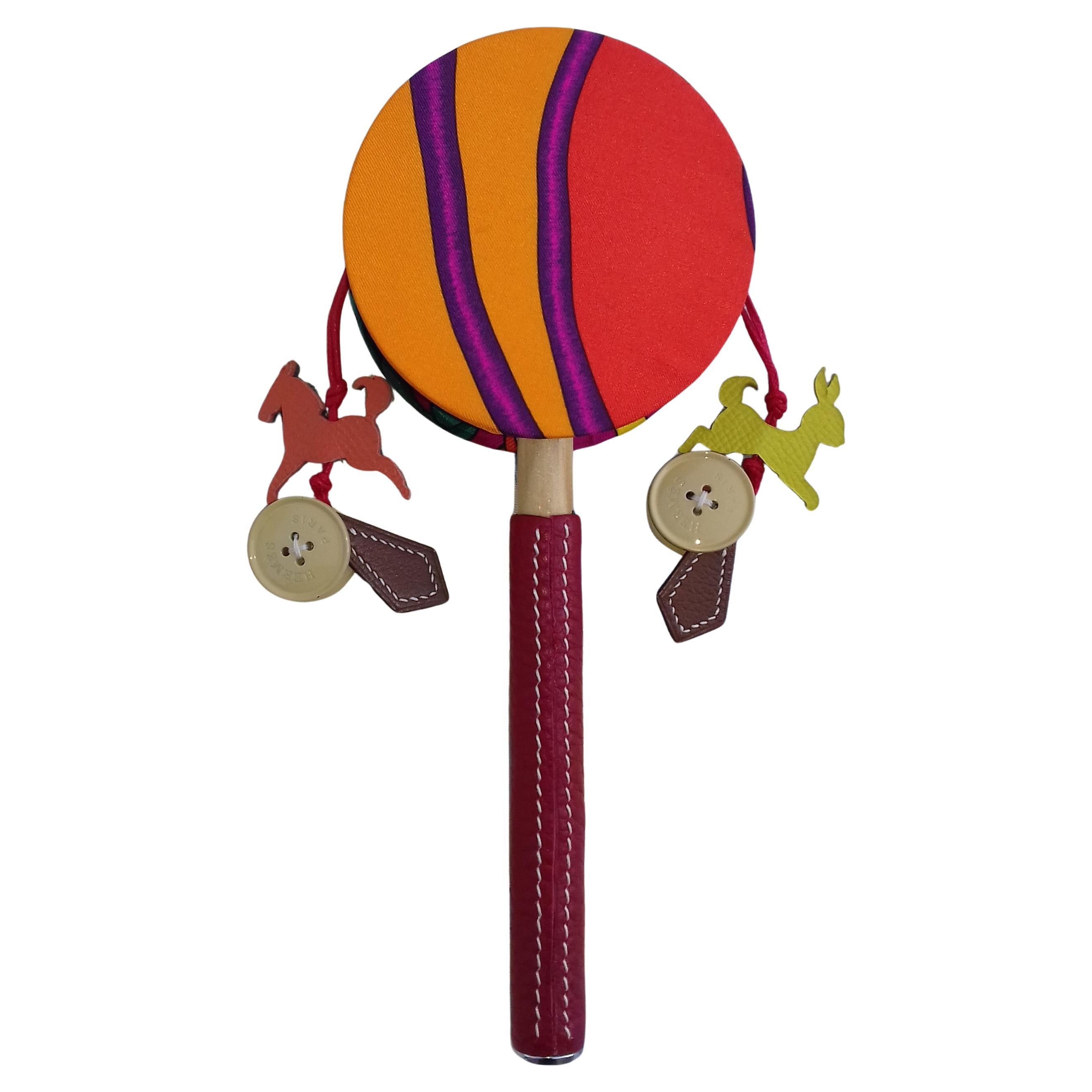 Hermès Tambourine Rattle Toy Leather Silk Wooden Case