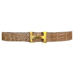 Hermès Tan Alligator Belt with Gold Constance Belt Buckle, 1980s