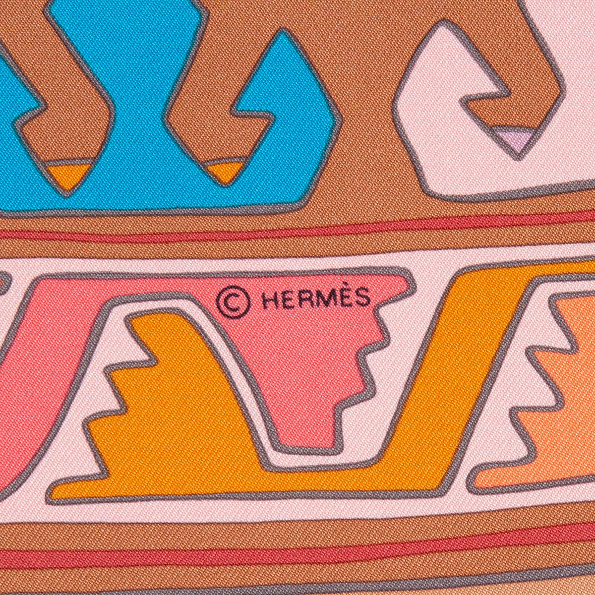 Women's or Men's Hermes tan brown pink KILIM 90 TWILL Scarf silk  For Sale