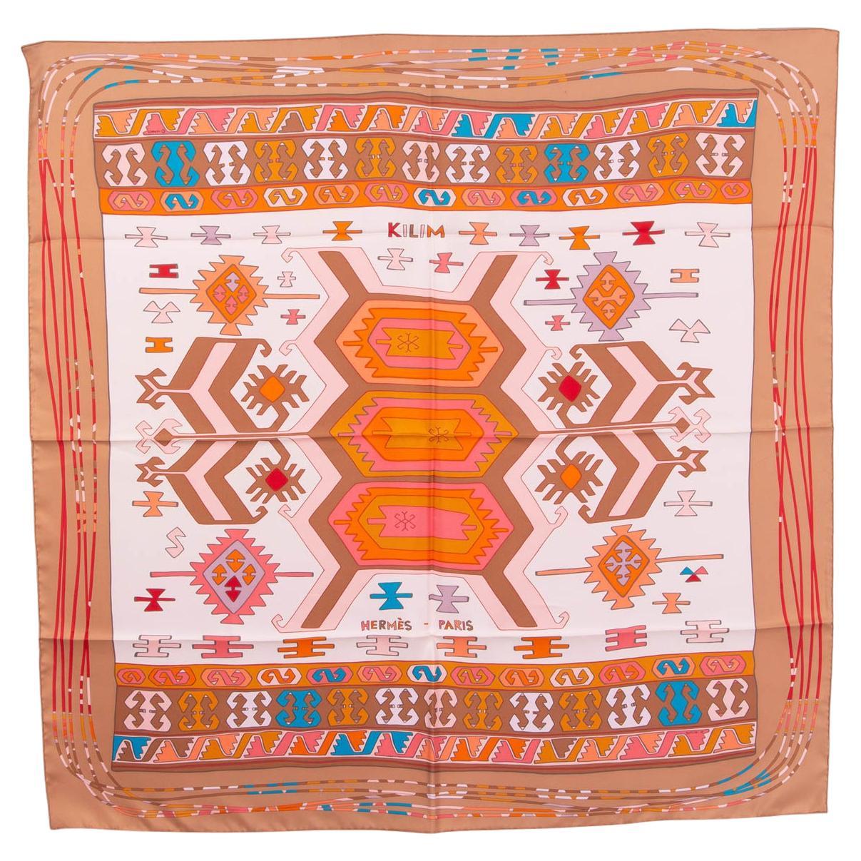 Hermes tan brown pink KILIM 90 TWILL Scarf silk For Sale