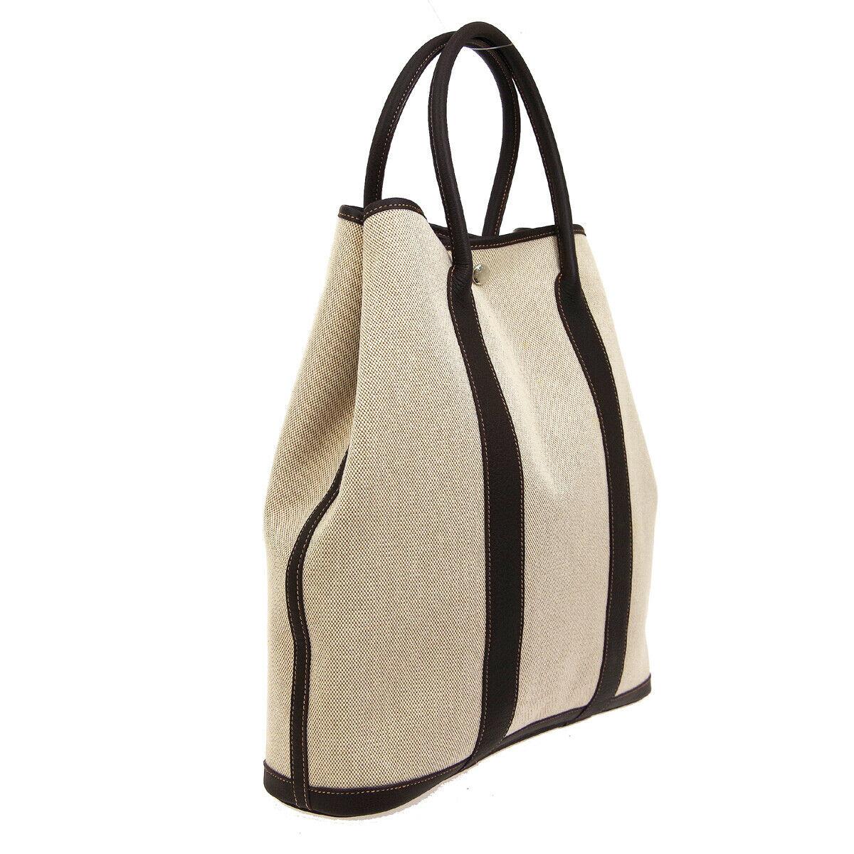 Beige Hermes Tan Canvas Brown Leather Top Handle Carryall Travel Tote Bag