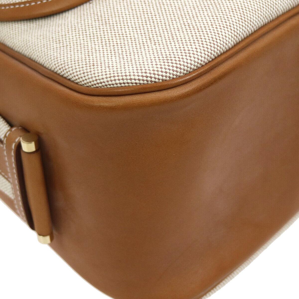Women's Hermes Tan Canvas Cognac Leather Gold Saddle Flap Carryall Shoulder Bag