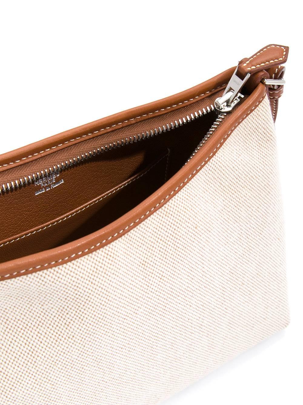Women's Hermes Tan Canvas Cognac Leather Trim Top Handle Satchel Shoulder Bag in Box