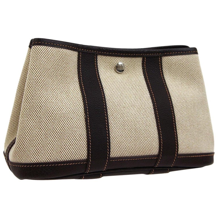Hermes Tan Canvas Dark Brown Leather Small Mini Evening Clutch Bag in Box For Sale at 1stdibs