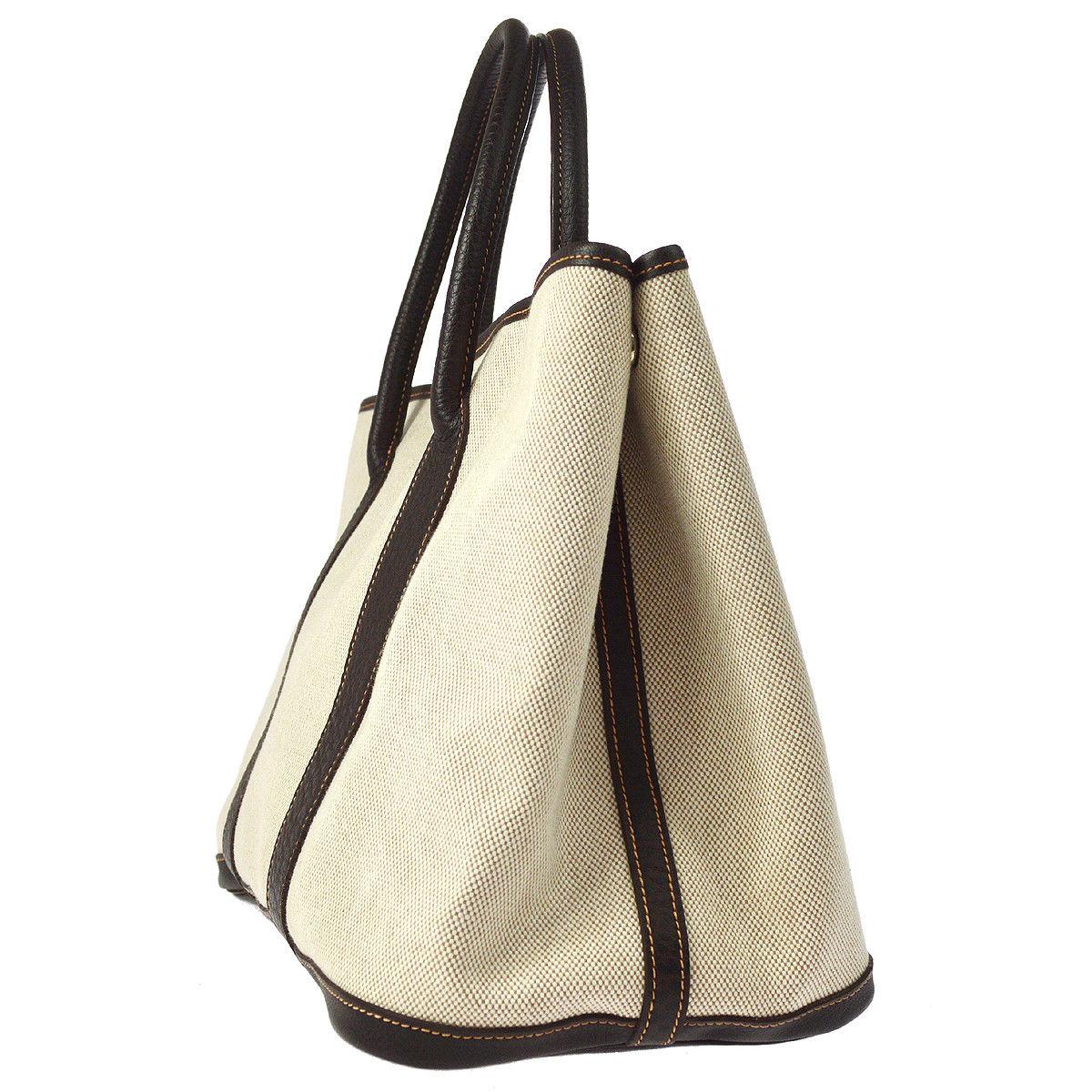 Beige Hermes Tan Canvas Dark Brown Leather Top Handle Travel Carryall Tote Bag