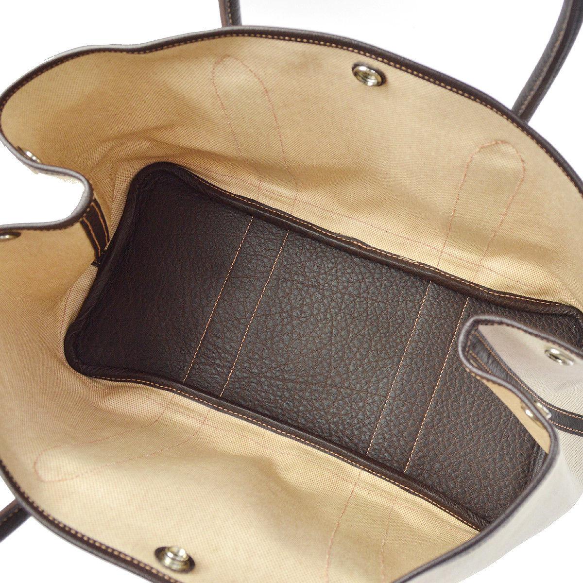 Hermes Tan Canvas Dark Brown Leather Top Handle Travel Carryall Tote Bag 1
