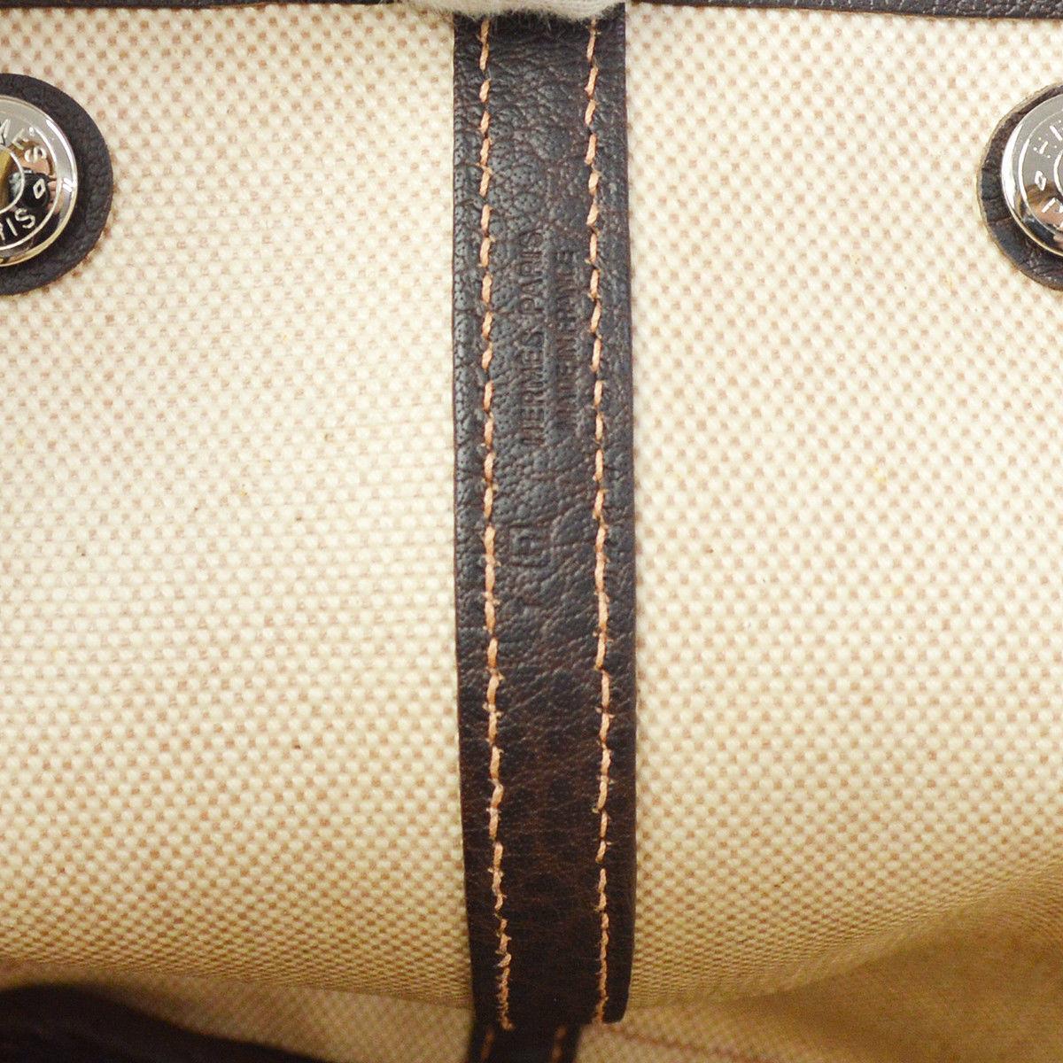 Hermes Tan Canvas Dark Brown Leather Top Handle Travel Carryall Tote Bag 2