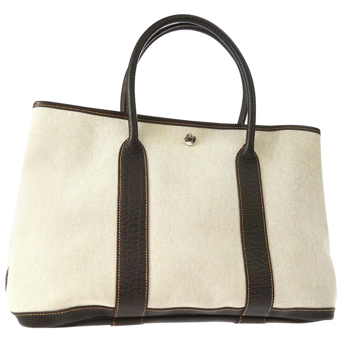 Hermes Tan Canvas Dark Brown Leather Top Handle Travel Carryall Tote Bag