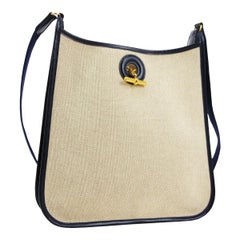 Hermes Tan Canvas Navy Blue Leather Gold Toggle Shoulder Carryall Bag