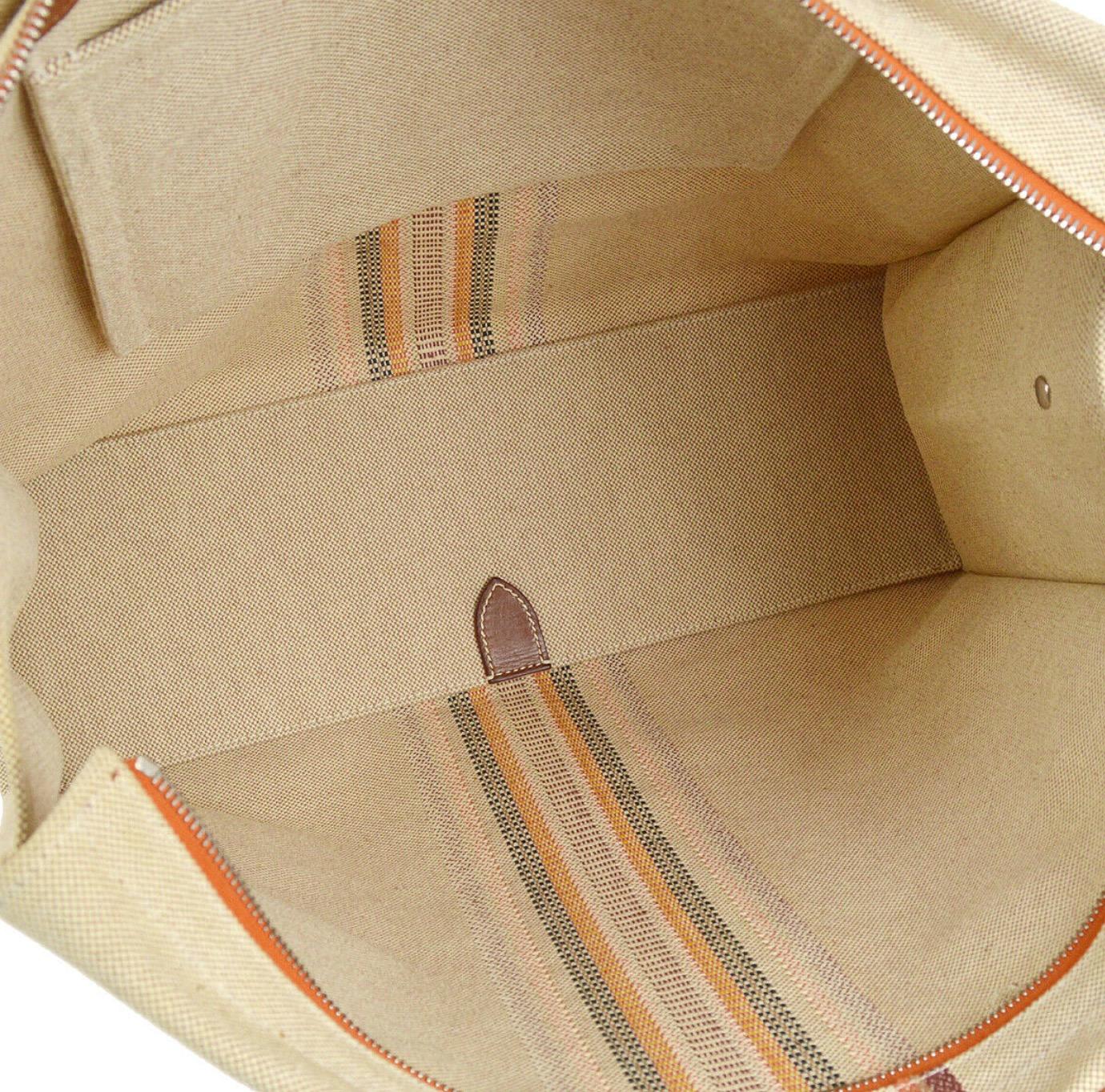 Beige Hermes Tan Canvas Stripe Men's Women's Top Handle Shoulder Carryall Tote Bag