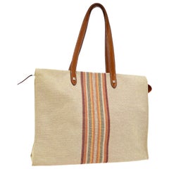 Vintage Hermes Tan Canvas Stripe Men's Women's Top Handle Shoulder Carryall Tote Bag