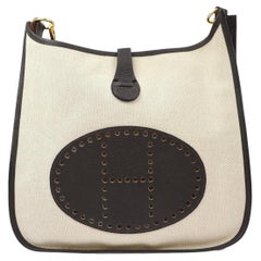 HERMES Tan Cream Ivory Toile Canvas Clemence Leather Gold Hardware Shoulder Bag