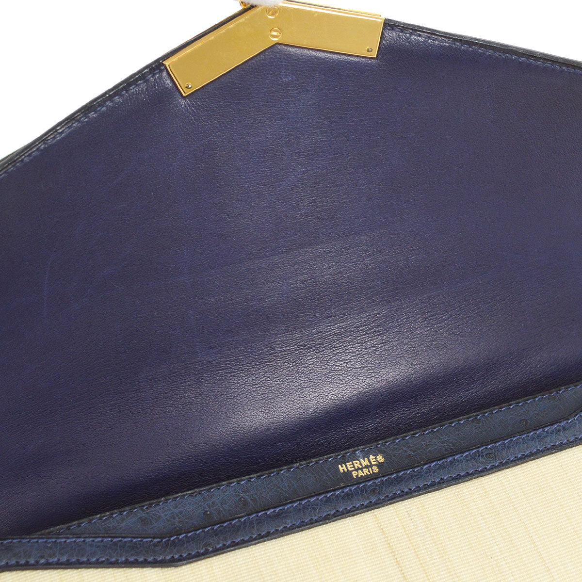 HERMES Tan Crinoline Blue Navy Ostrich Exotic Trim Gold Shoulder Flap Bag 1