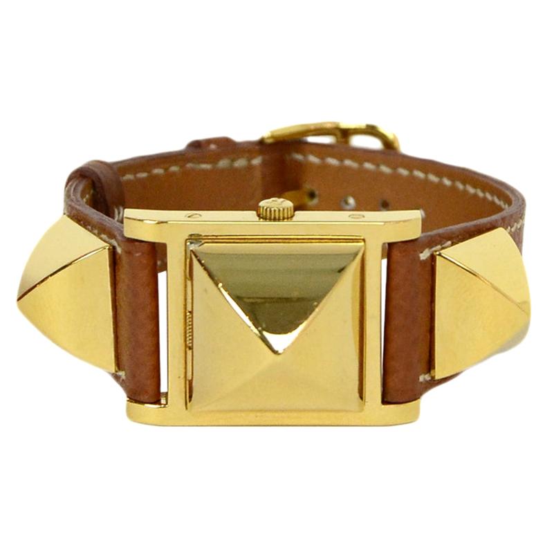 Hermes Tan/Gold 23mm Medor Watch PM w/ Extra Red Lizard Strap rt $4, 500