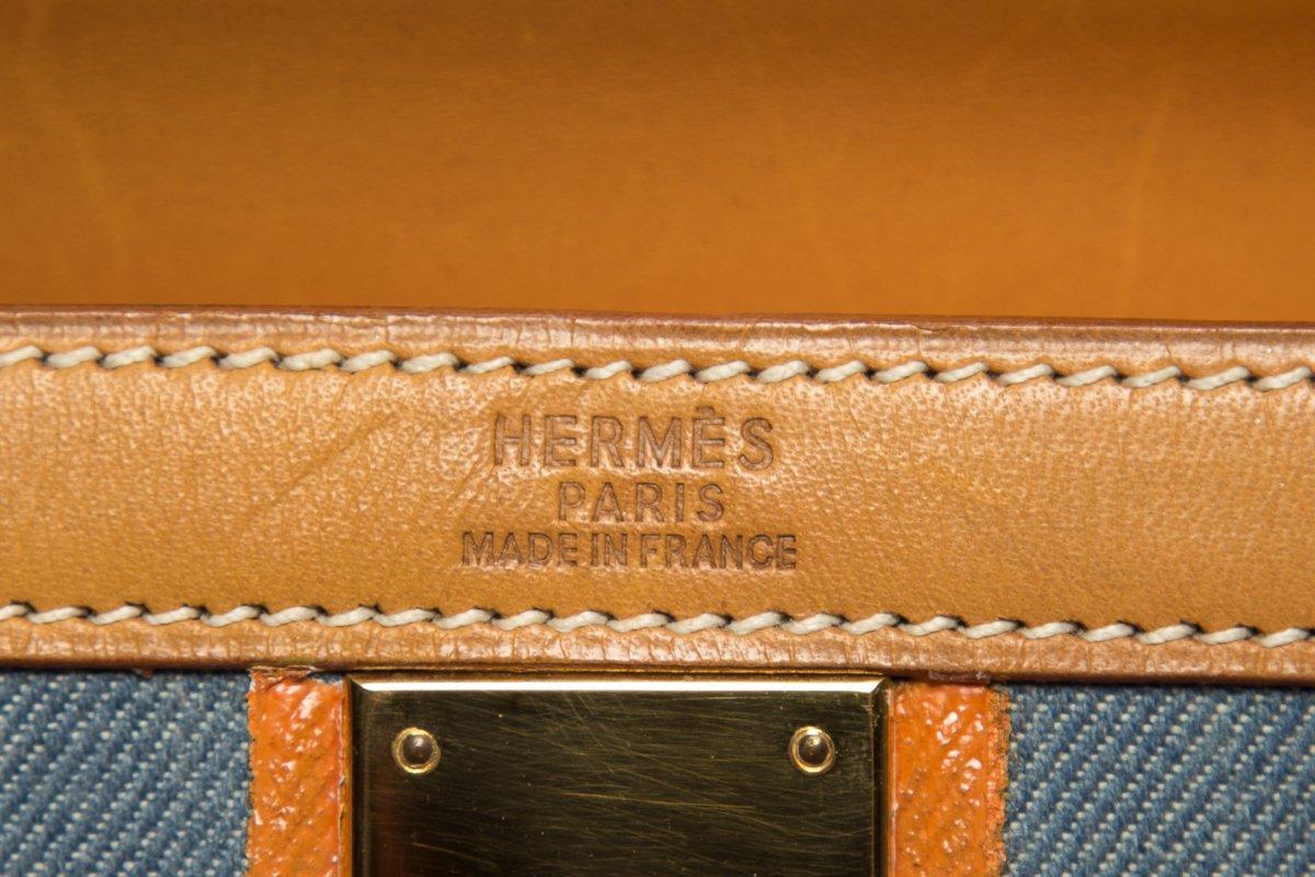 Hermes Tan Leather and Painted Denim Kelly 35cm For Sale 5