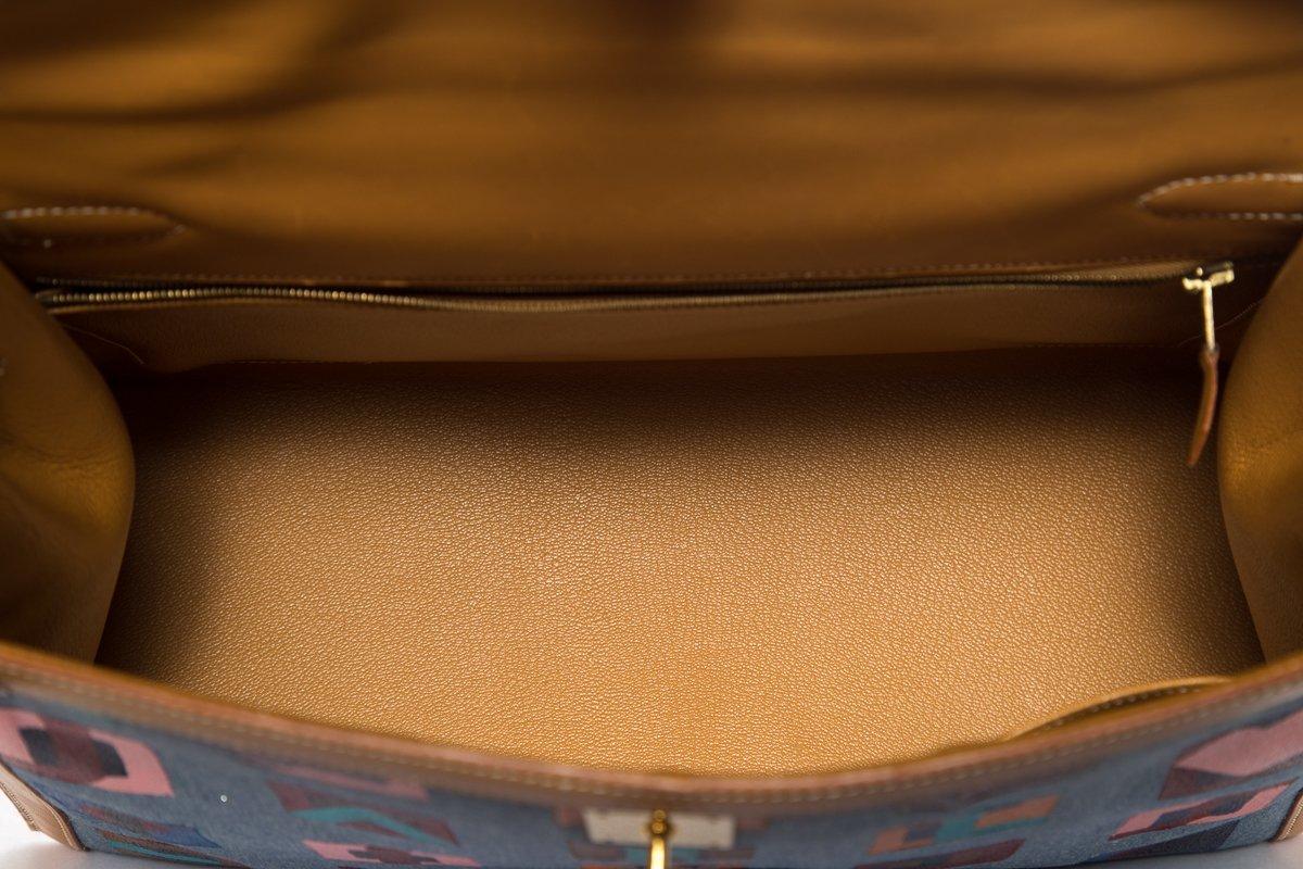 Hermes Tan Leather and Painted Denim Kelly 35cm For Sale 7