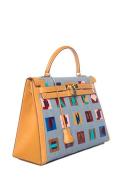 Hermes Tan Leather and Painted Denim Kelly 35cm