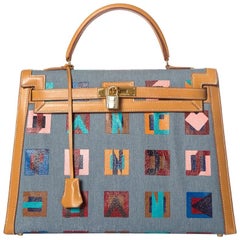 Hermes Tan Leather and Painted Denim Kelly 35cm