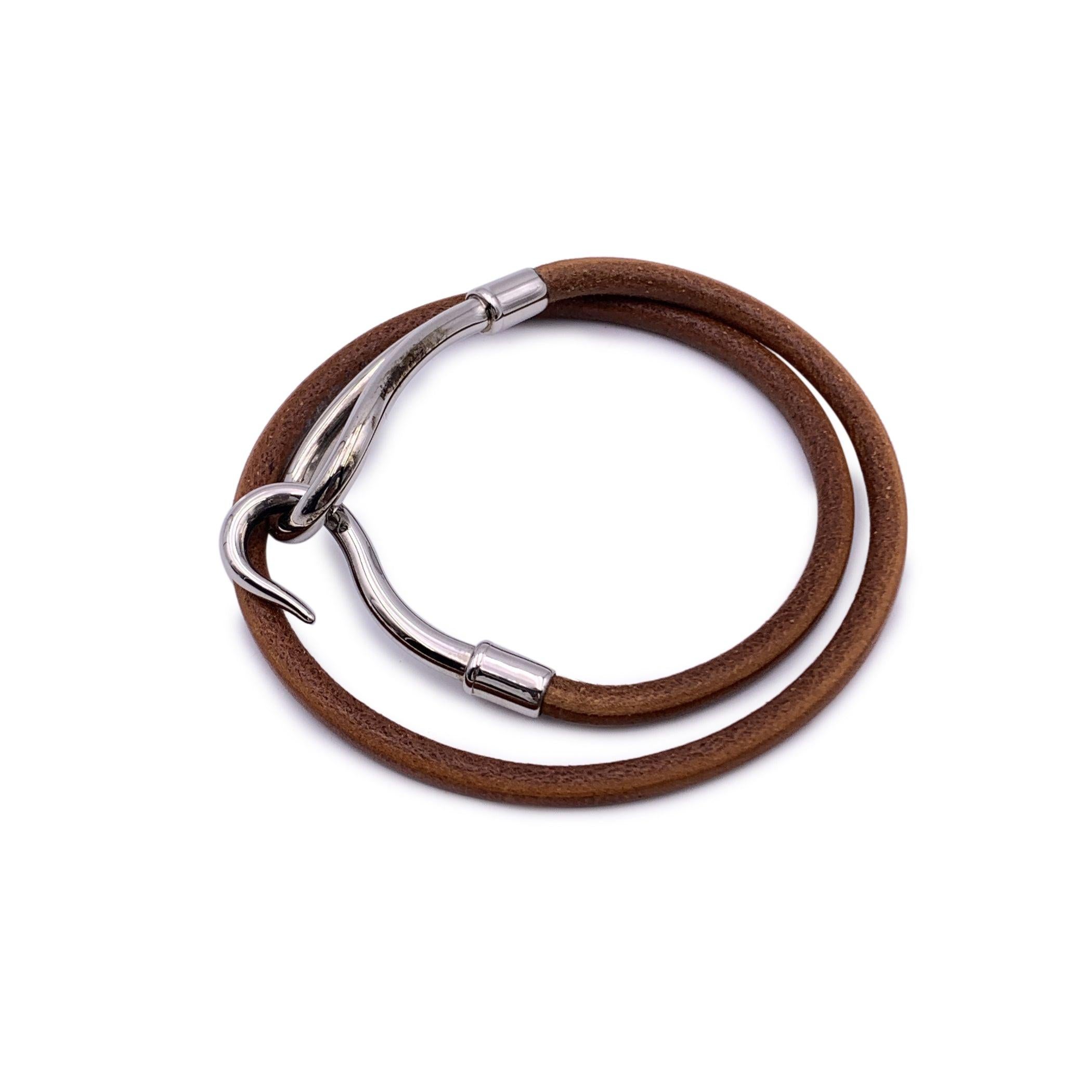 Brown Hermes Tan Leather Double Tour Silver Metal Jumbo Hook Bracelet