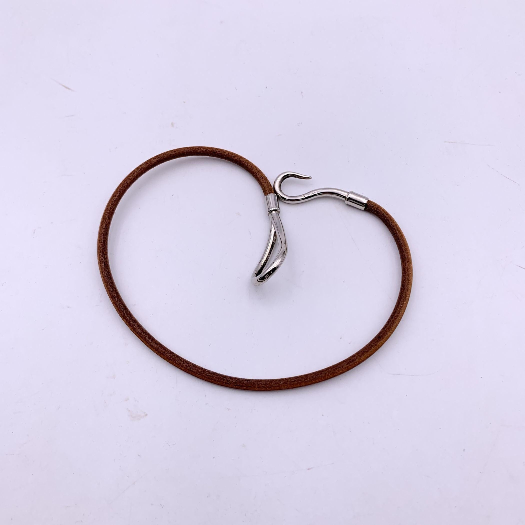 Hermes Tan Leather Double Tour Silver Metal Jumbo Hook Bracelet In Good Condition In Rome, Rome