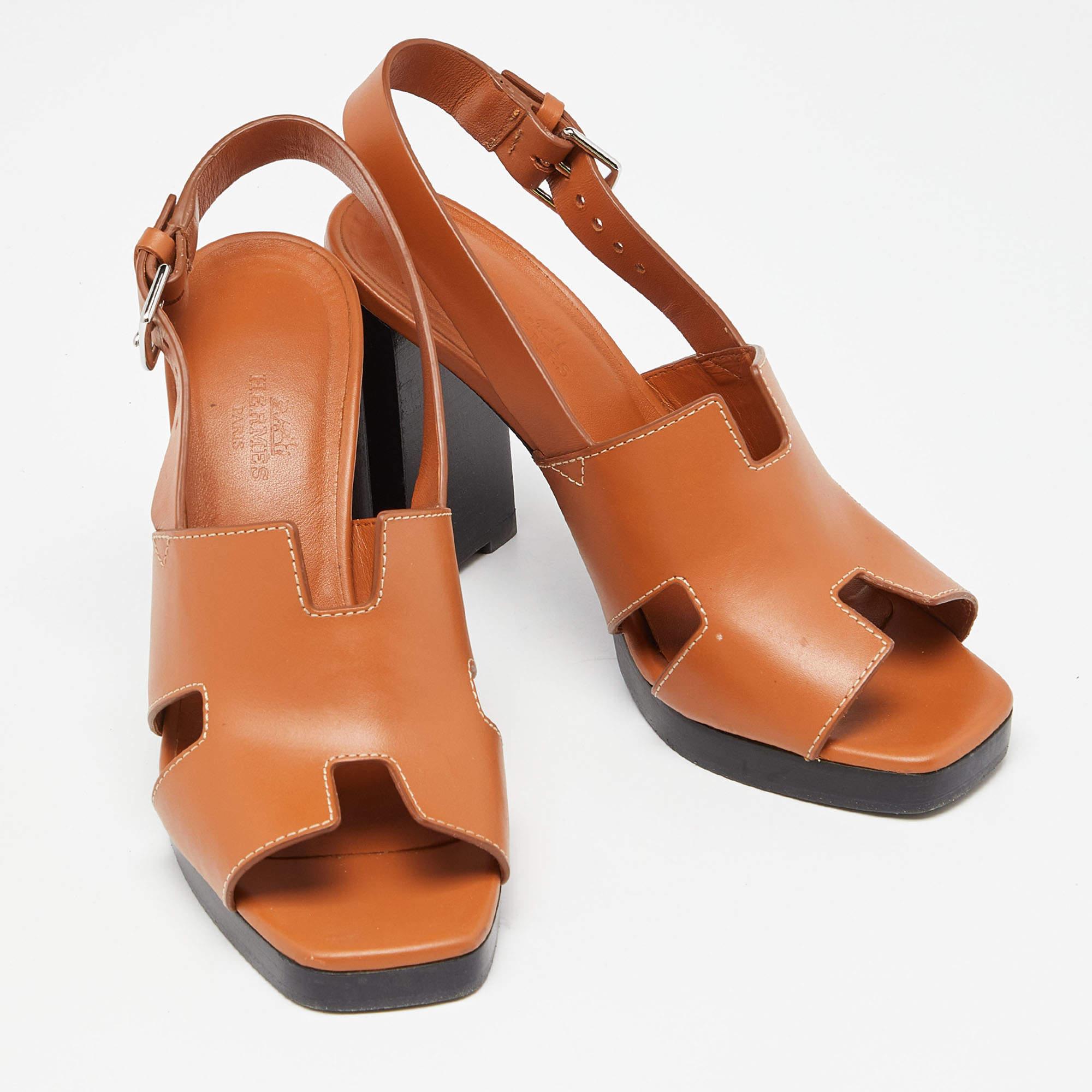 Women's Hermes Tan Leather Elbe Sandals Size 37