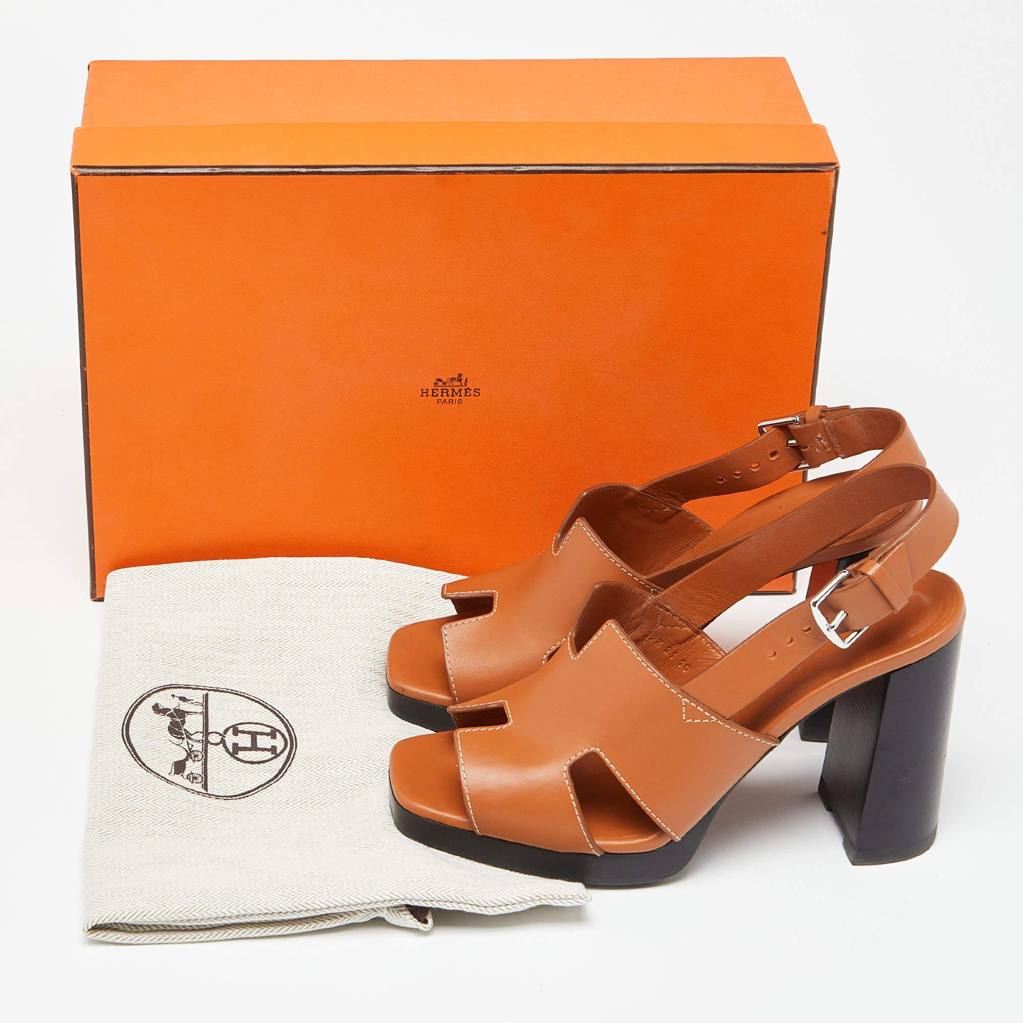 Hermes Tan Leather Elbe Sandals Size 37 2