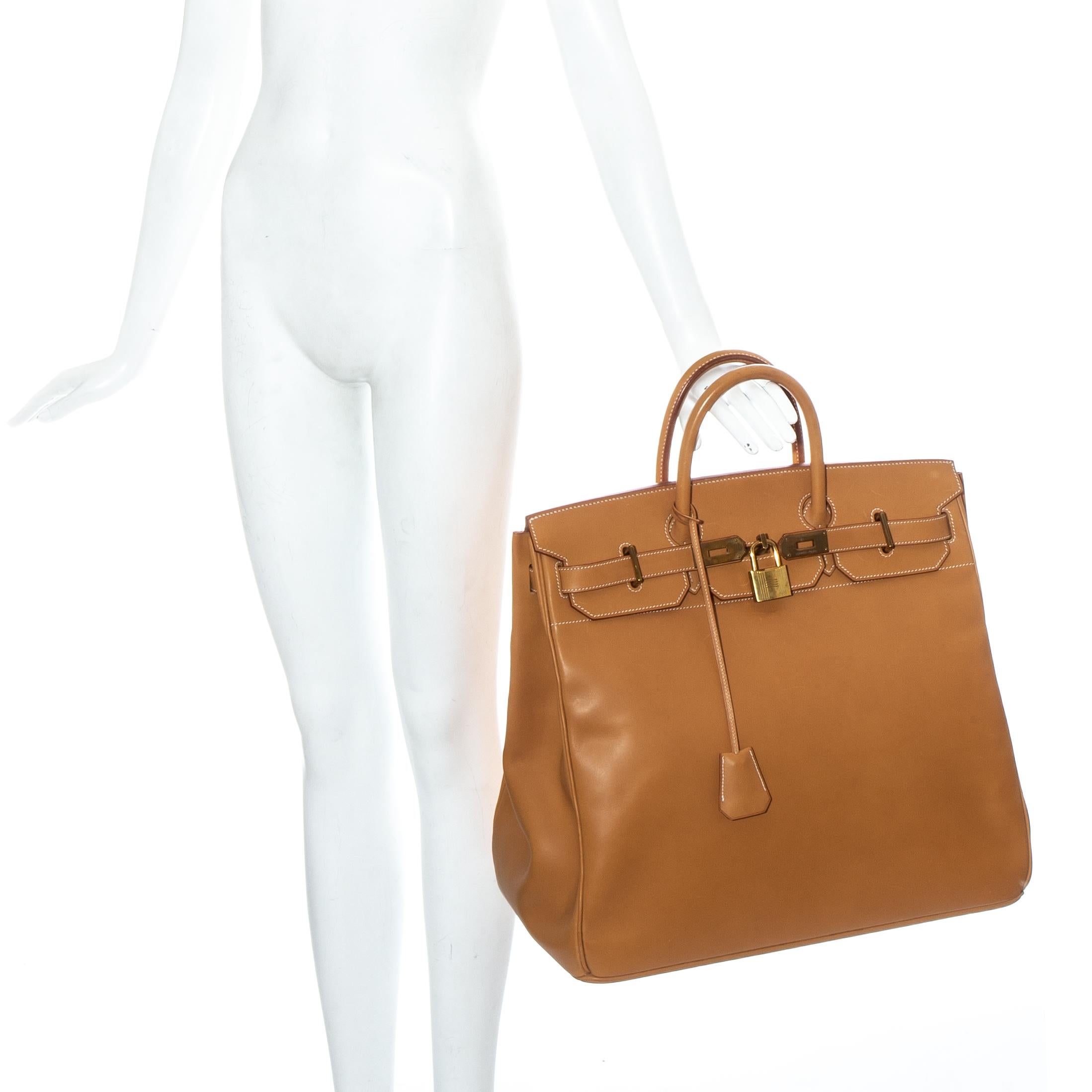Hermes HAC Birkin bag, size 45. Tan Vache Natural leather with unpolished gold hardware. 

Made in 1998