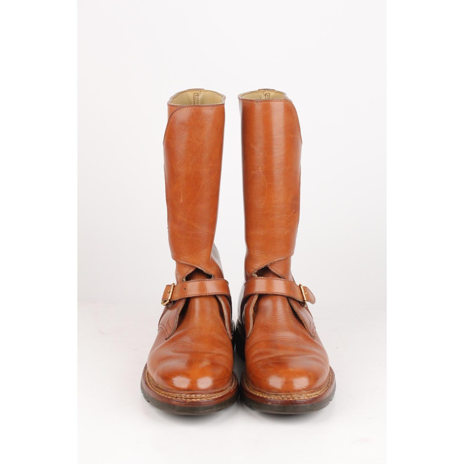 Brown Hermes Tan Leather Men Buckle Mid Calf Boots Size 41