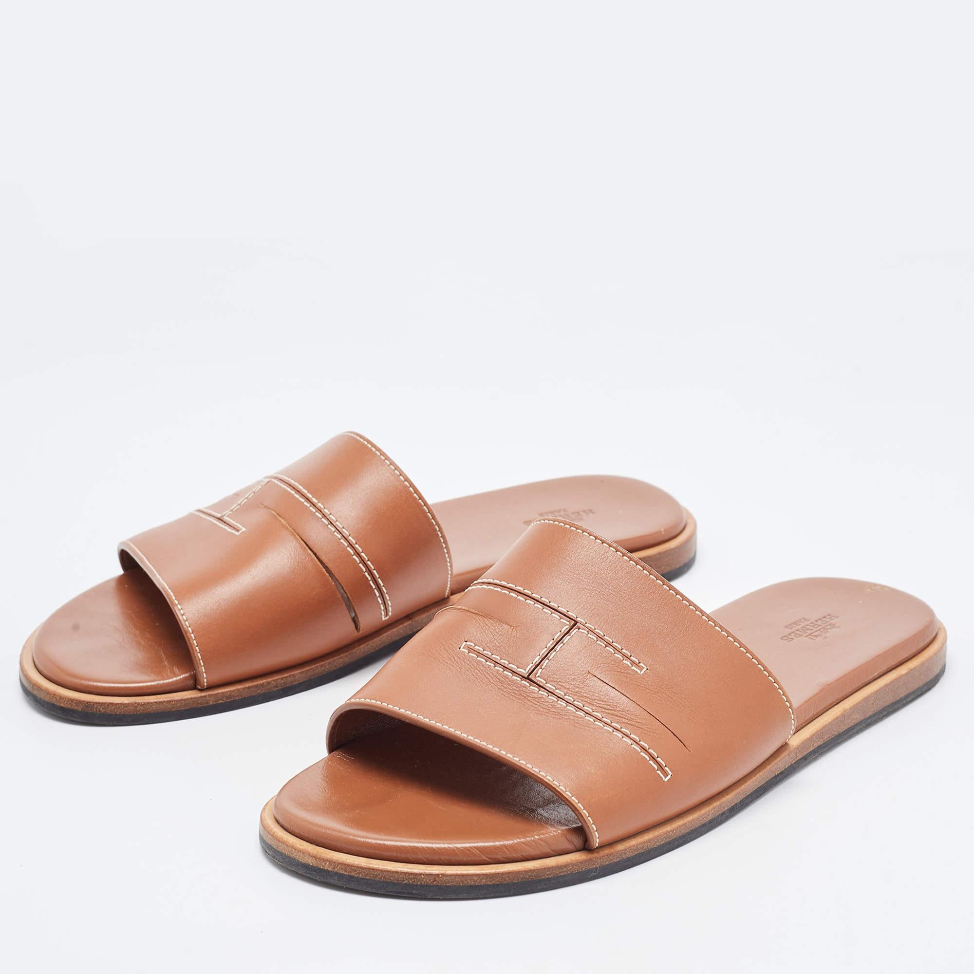Brown Hermes Tan Leather Slides Size 41