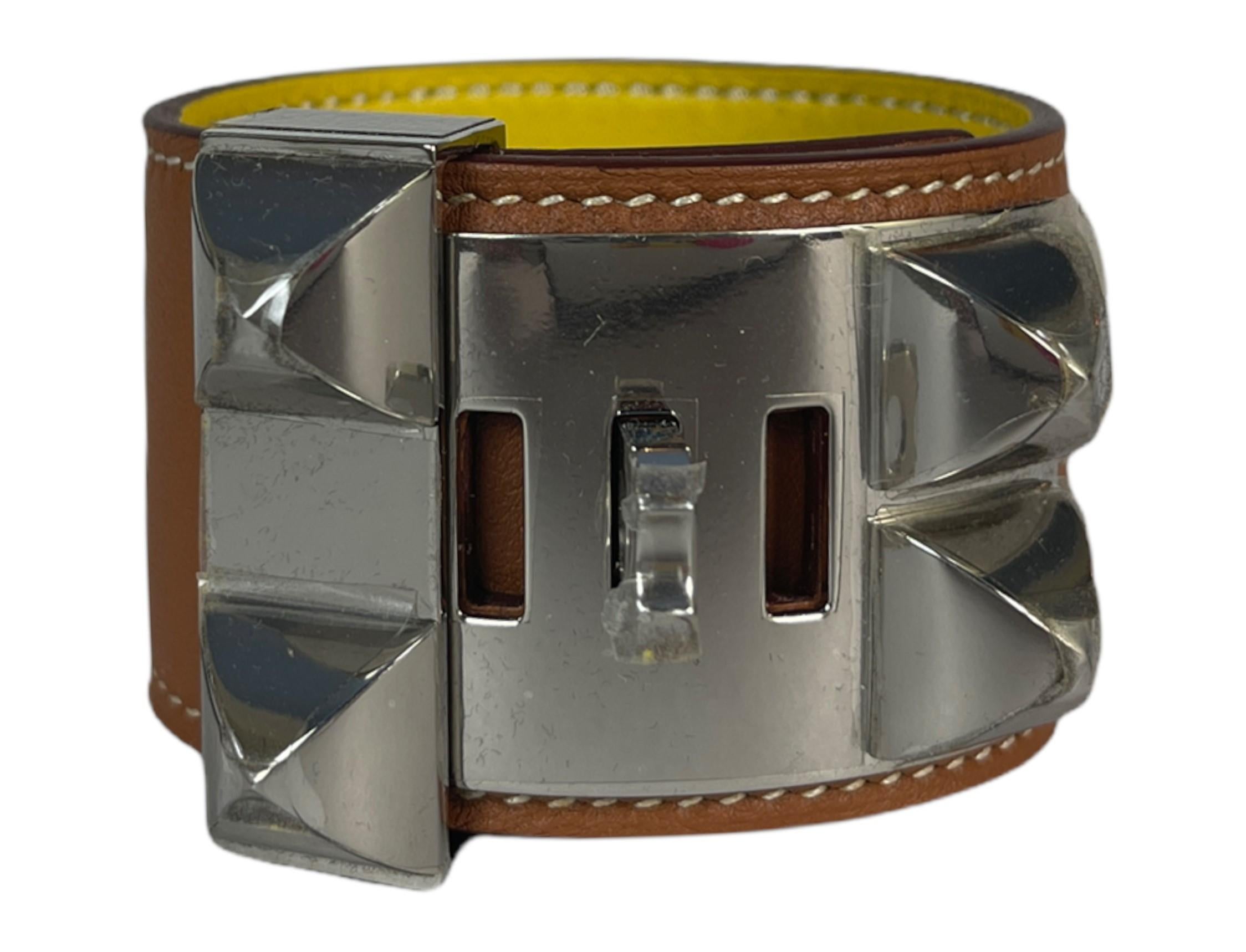 Hermes Tan & Palladium Collier de Chien CDC Bracelet sz T2 In Excellent Condition In New York, NY