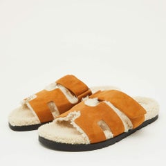 Hermes Tan Suede and Shearling Fur Lined Chypre Sandals Size 41.5