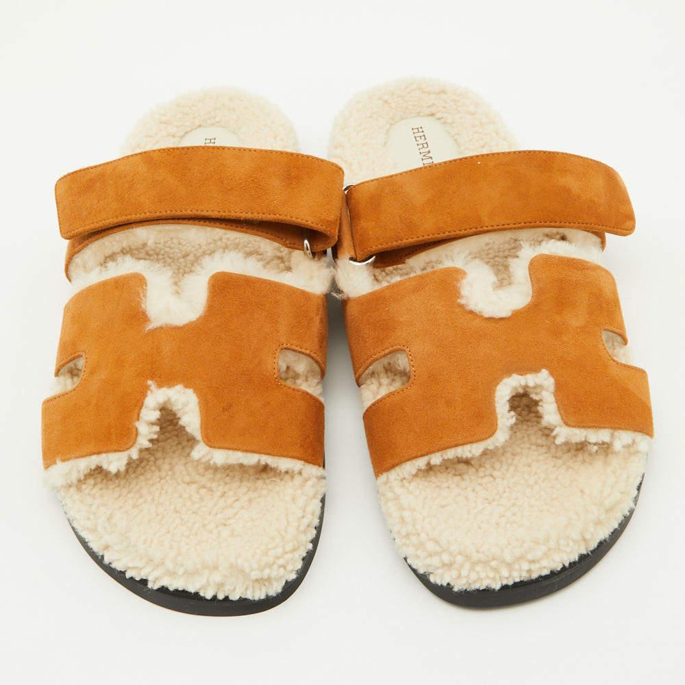 Hermes Tan Suede and Shearling Fur Lined Chypre Sandals Size 41.5 3
