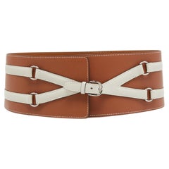 Hermes Tan/White Leather Waist Belt Size 75CM