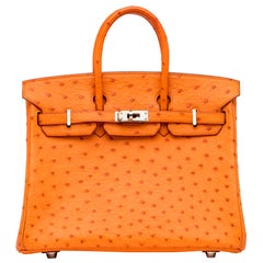 Hermès - Sac Birkin 25 cm en autruche mandarine
