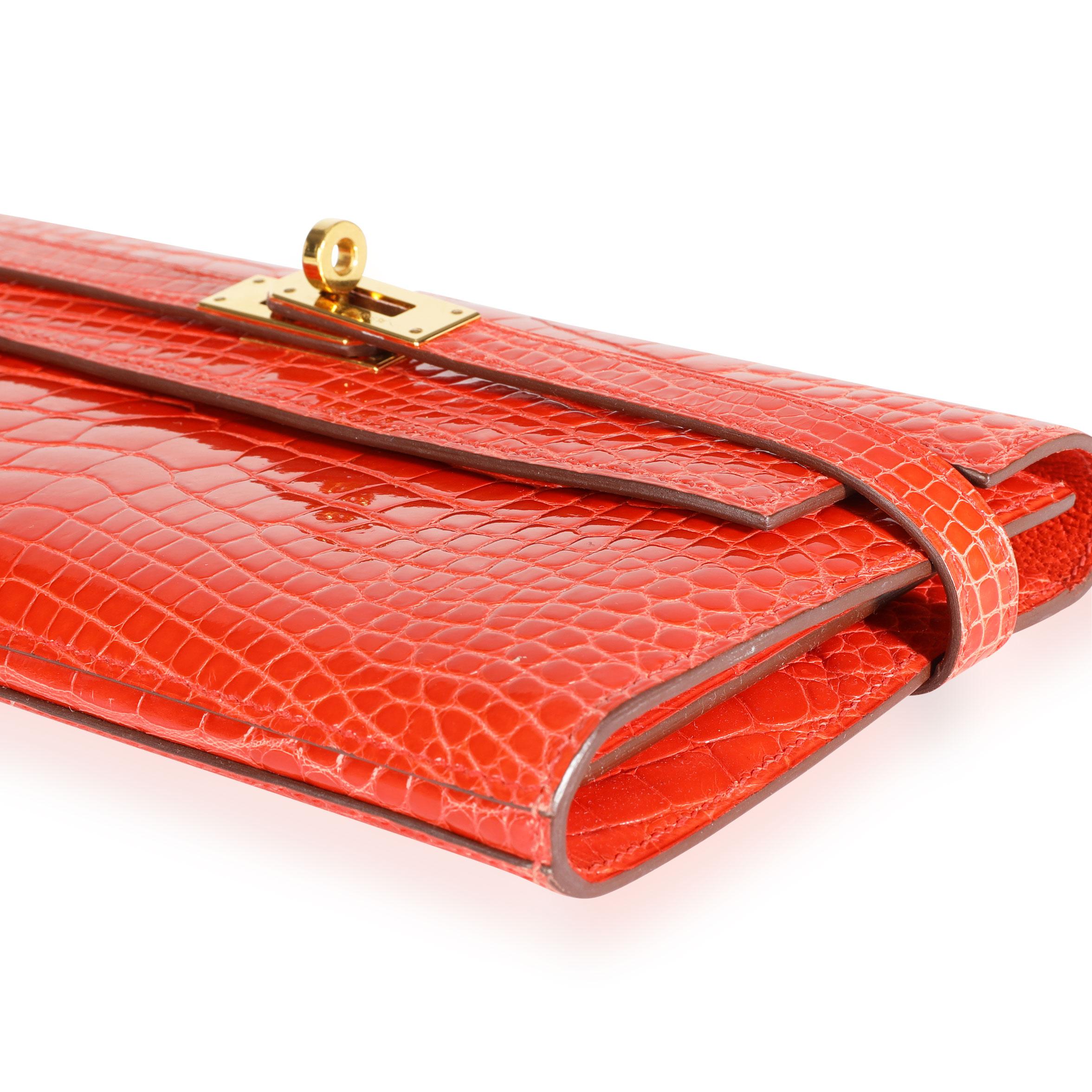 Red Hermès Tangerine Shiny Alligator Classic Kelly Wallet GHW