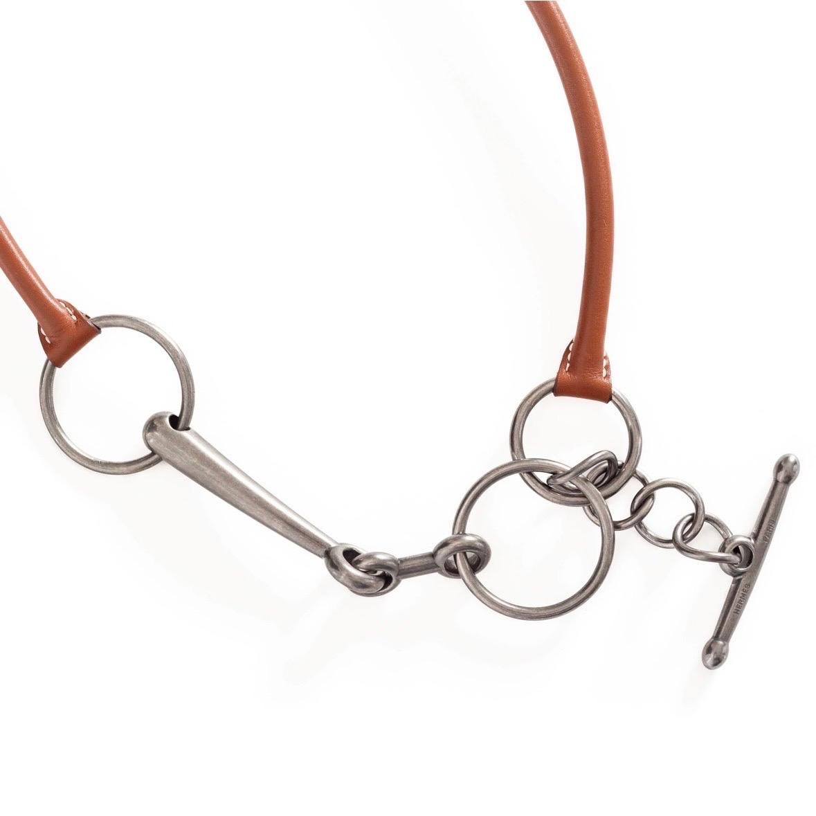 Hermès Tarquinia Brown Leather Palladium Toggle Necklace 3
