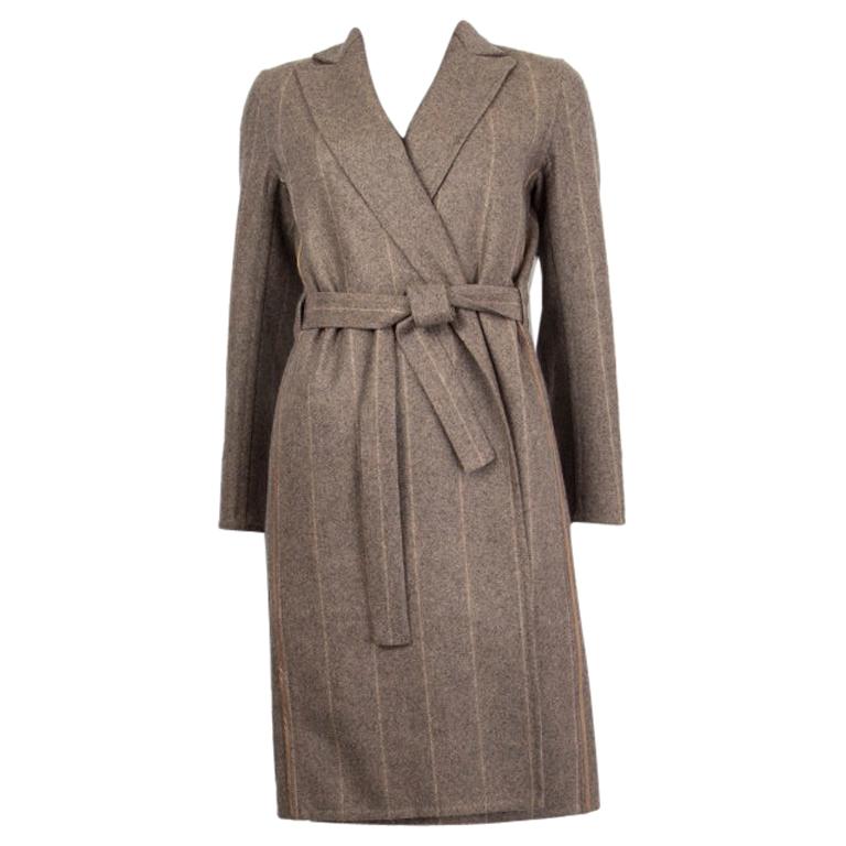 HERMES taupe and beige cashmere PINSTRIPE BELTED Coat Jacket 34 XXS For ...