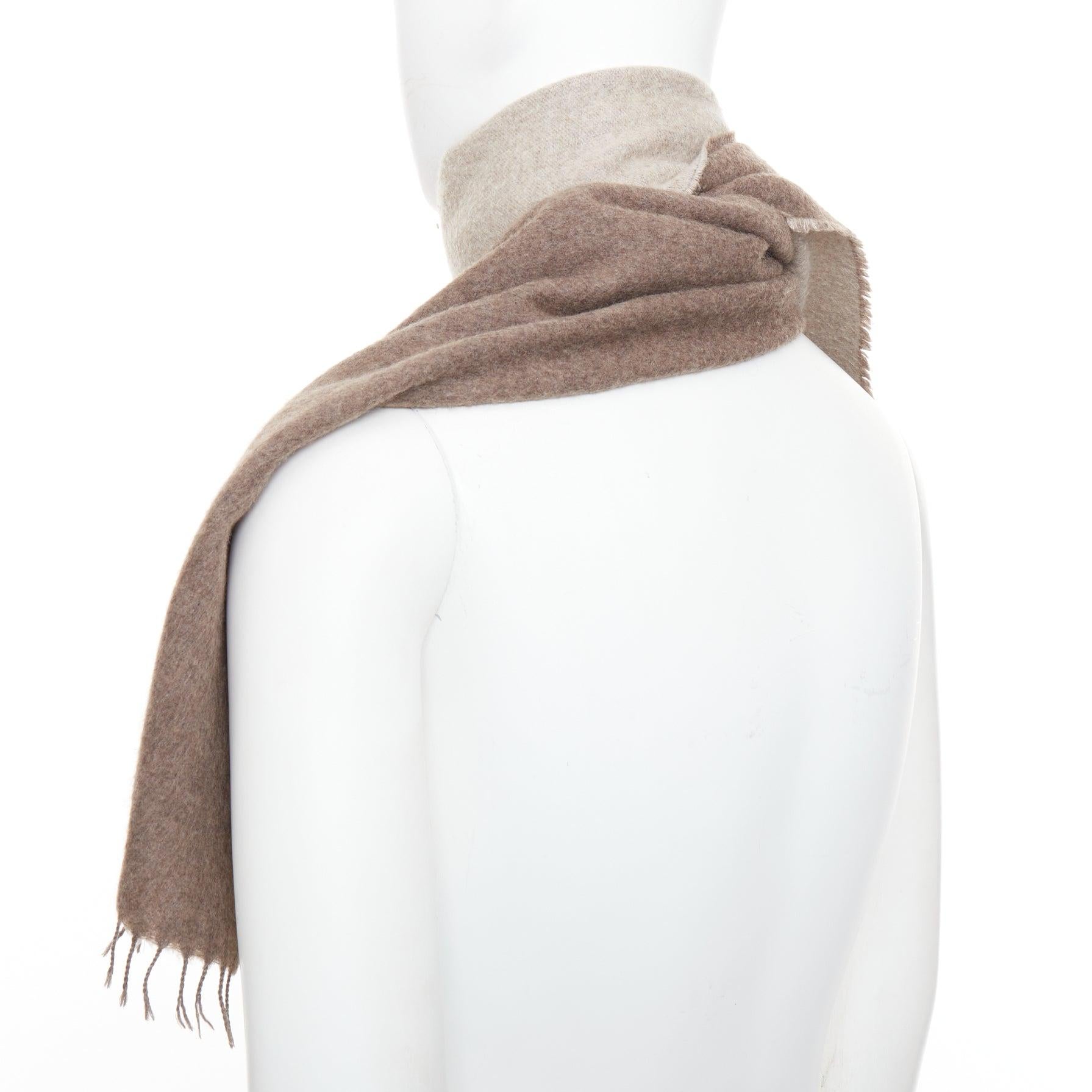 HERMES taupe brown cashmere wool reversible fringed long scarf en venta 1
