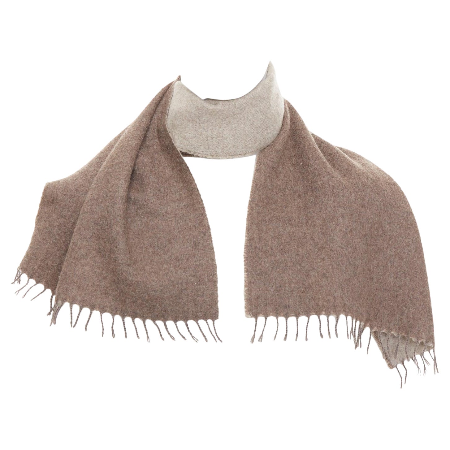 HERMES taupe brown cashmere wool reversible fringed long scarf