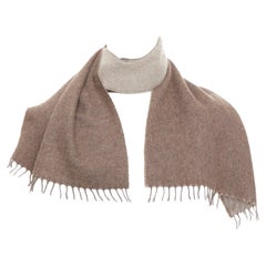 HERMES taupe brown cashmere wool reversible fringed long scarf