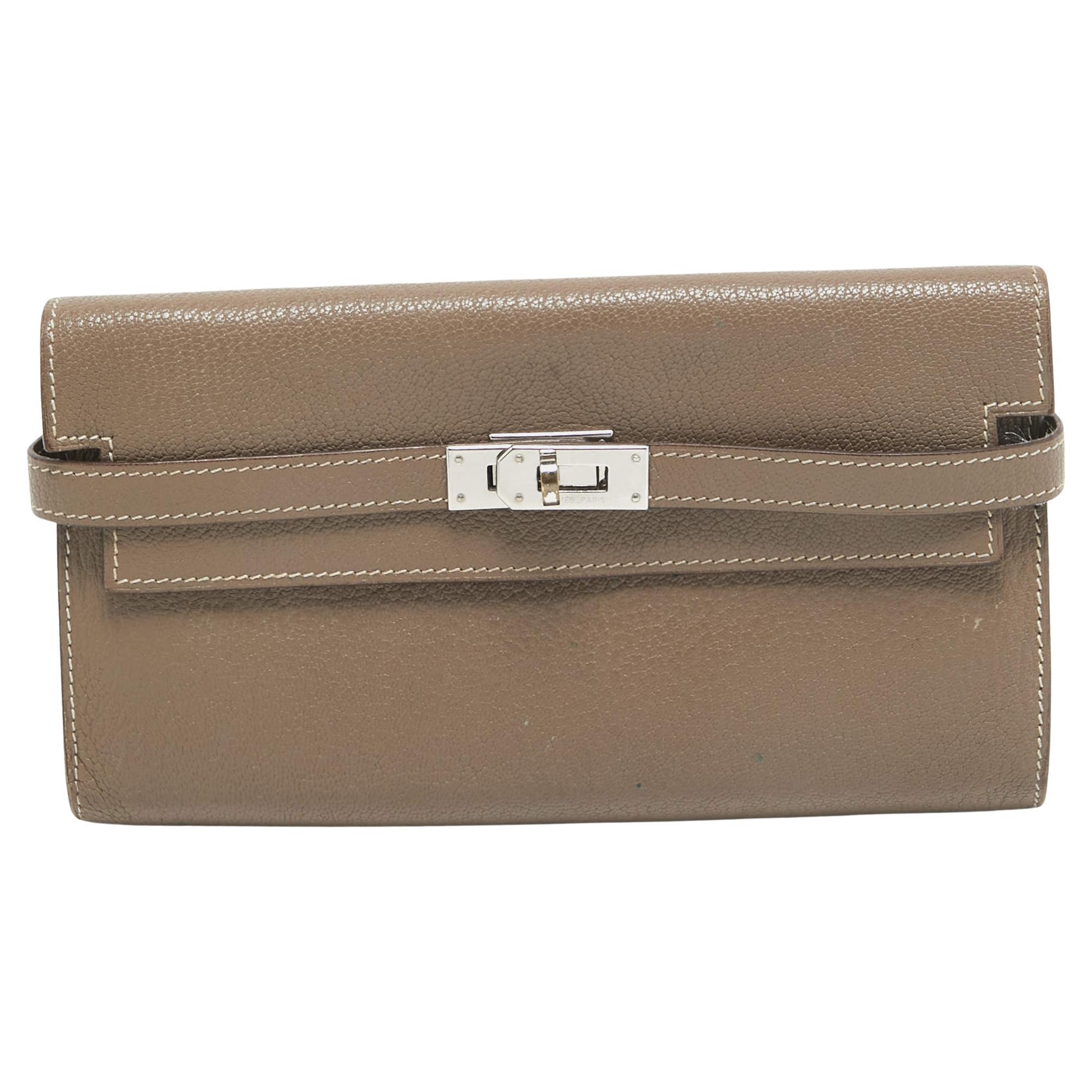 Hermes Taupe Chevre Leather Kelly Classic Wallet For Sale