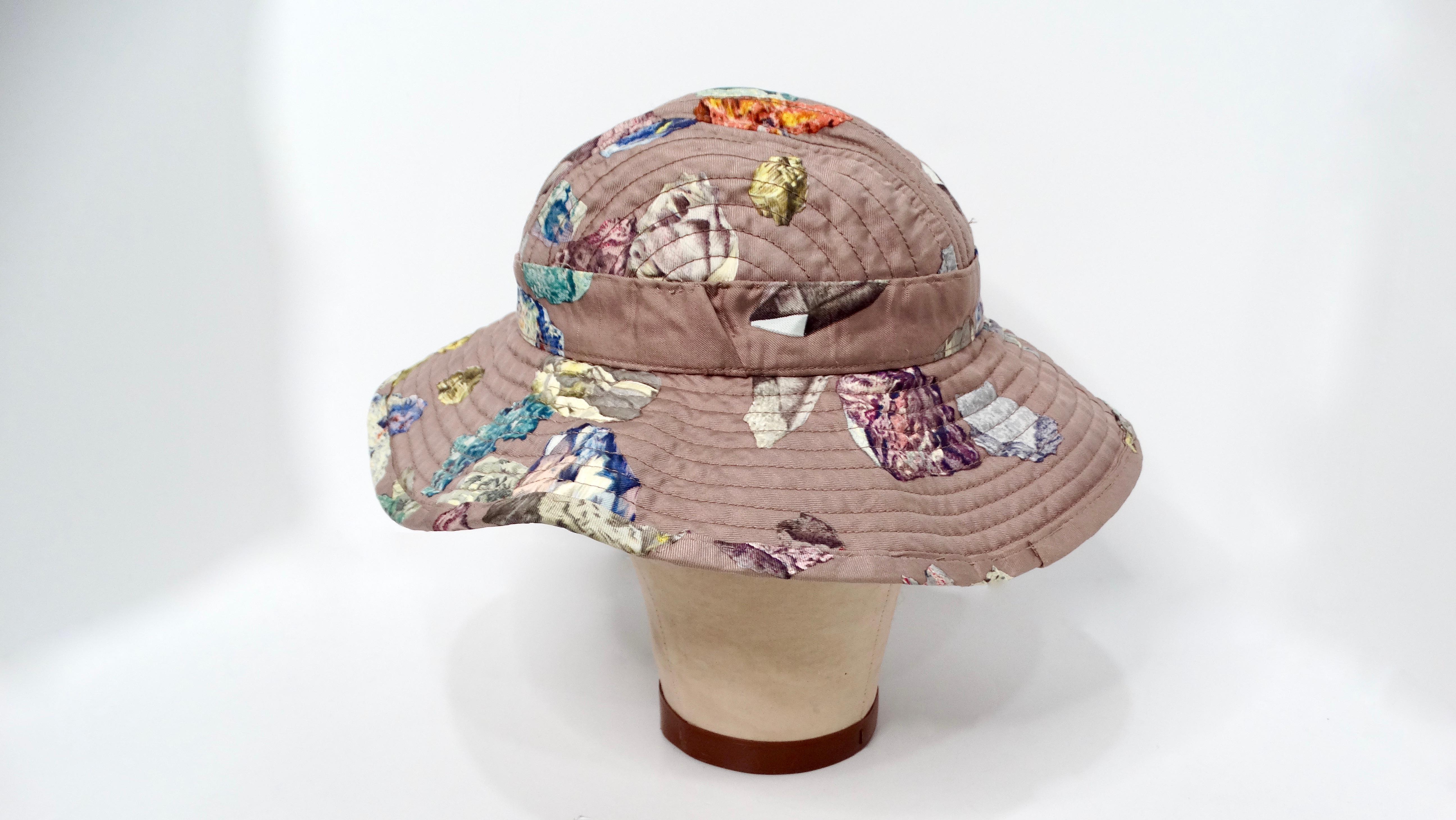 Hermes Taupe Geo Rock & Crystal Print Silk Sun Hat In Good Condition For Sale In Scottsdale, AZ