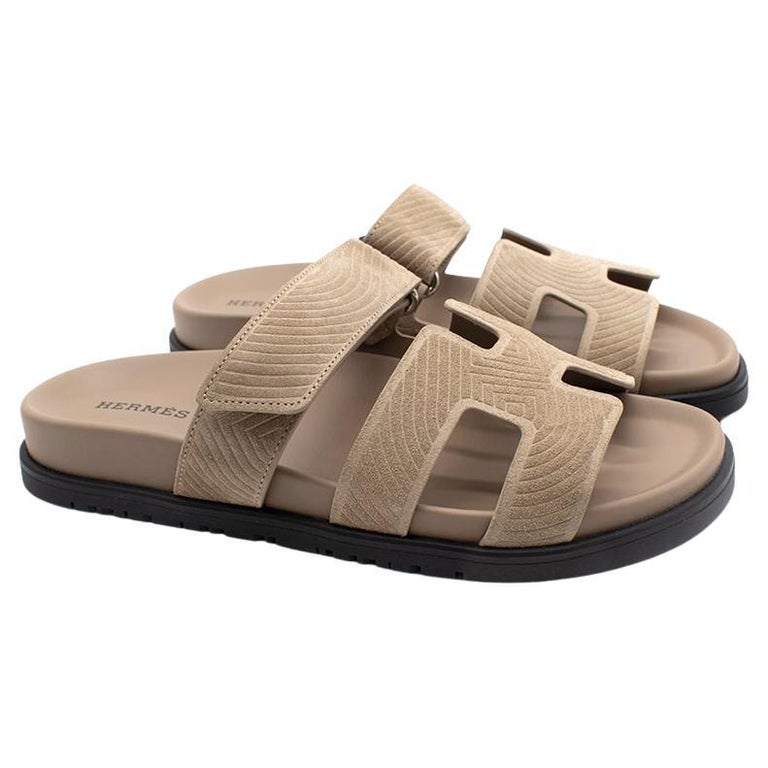 Hermes Taupe Goatskin Suede Chypre Sandals 37 For Sale at 1stDibs