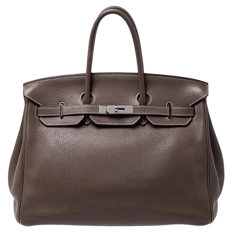 Hermes Taupe Grey Clemence Leather Palladium Hardware Birkin 35 Bag