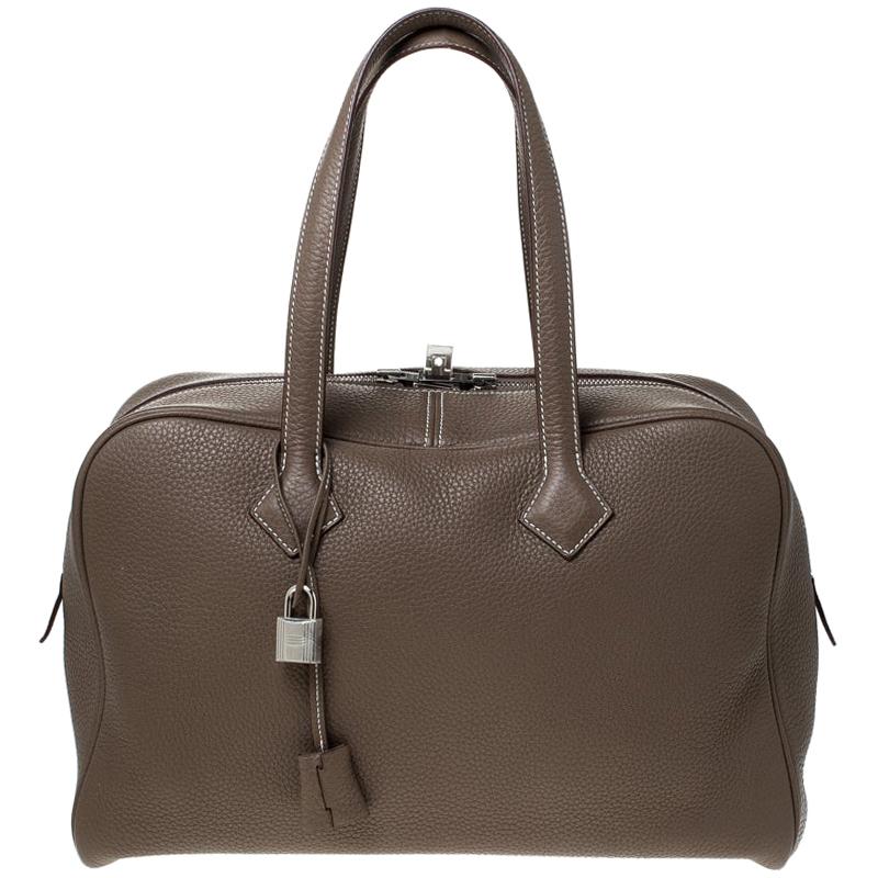 Hermes Taupe Grey Clemence Leather Victoria II Bag